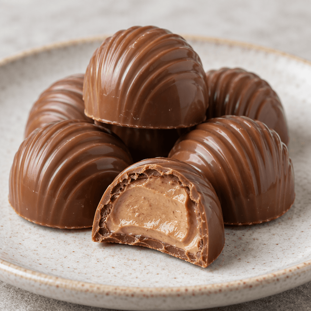 Small, glossy milk-chocolate pieces with rounded, ridged shells sit on a plate, with one cut open to show its smooth light-brown hazelnut filling.
