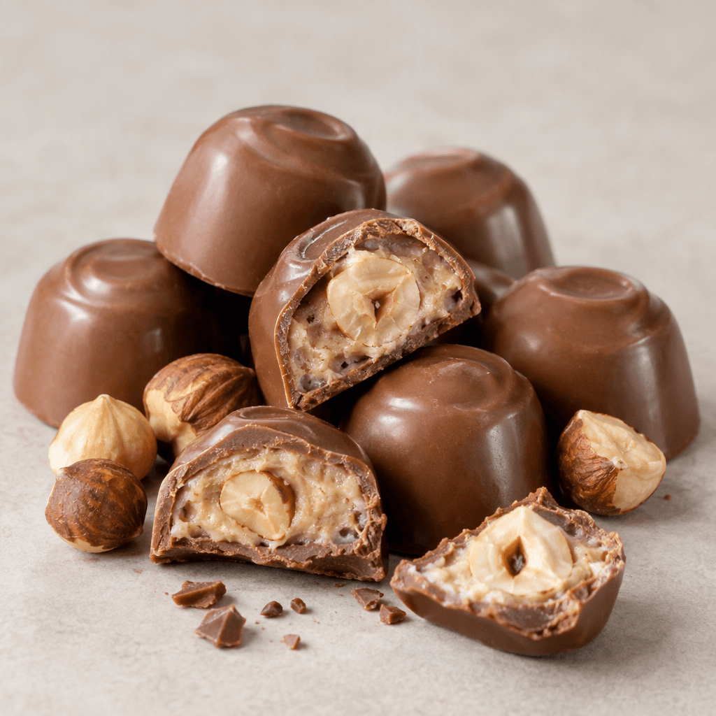 Smooth, glossy milk-chocolate pieces with rounded, slightly domed tops, some broken open to show a pale hazelnut filling and whole hazelnut pieces inside.