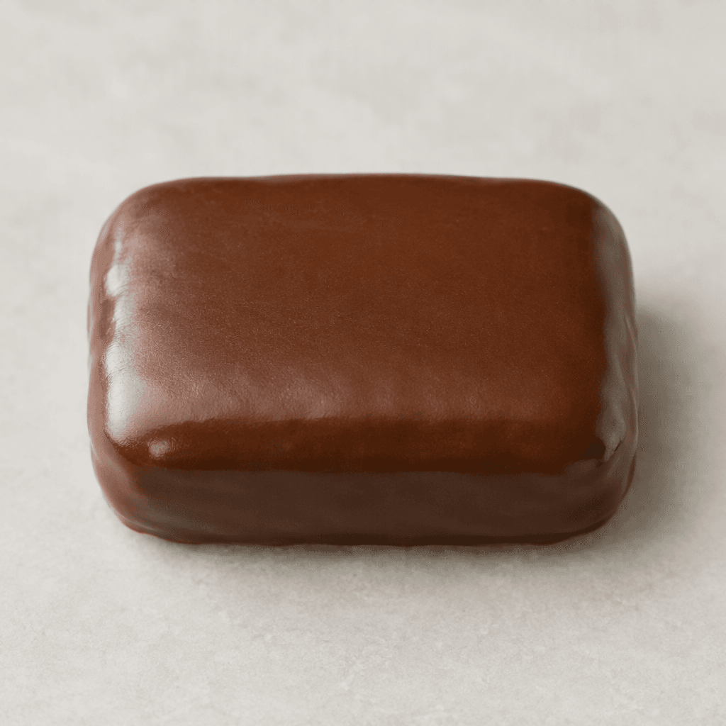 A small rectangular biscuit fully covered in glossy brown chocolate, with gently rounded corners and a smooth, even coating.