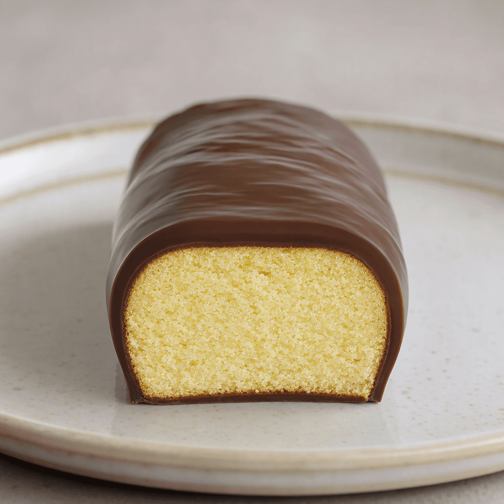 A small, oblong cake with a smooth, glossy dark-chocolate coating and a pale, fine-textured cake interior visible at the cut end, served on a plain plate.