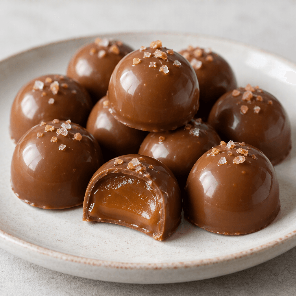 Small, round caramel-brown bonbons with a smooth, glossy surface, shown together on a plate.