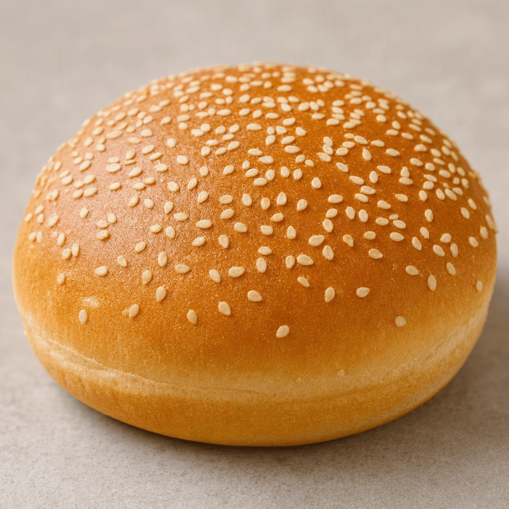 A round, softly domed burger bun with a smooth golden-brown top scattered with pale sesame seeds and a light tan crust.