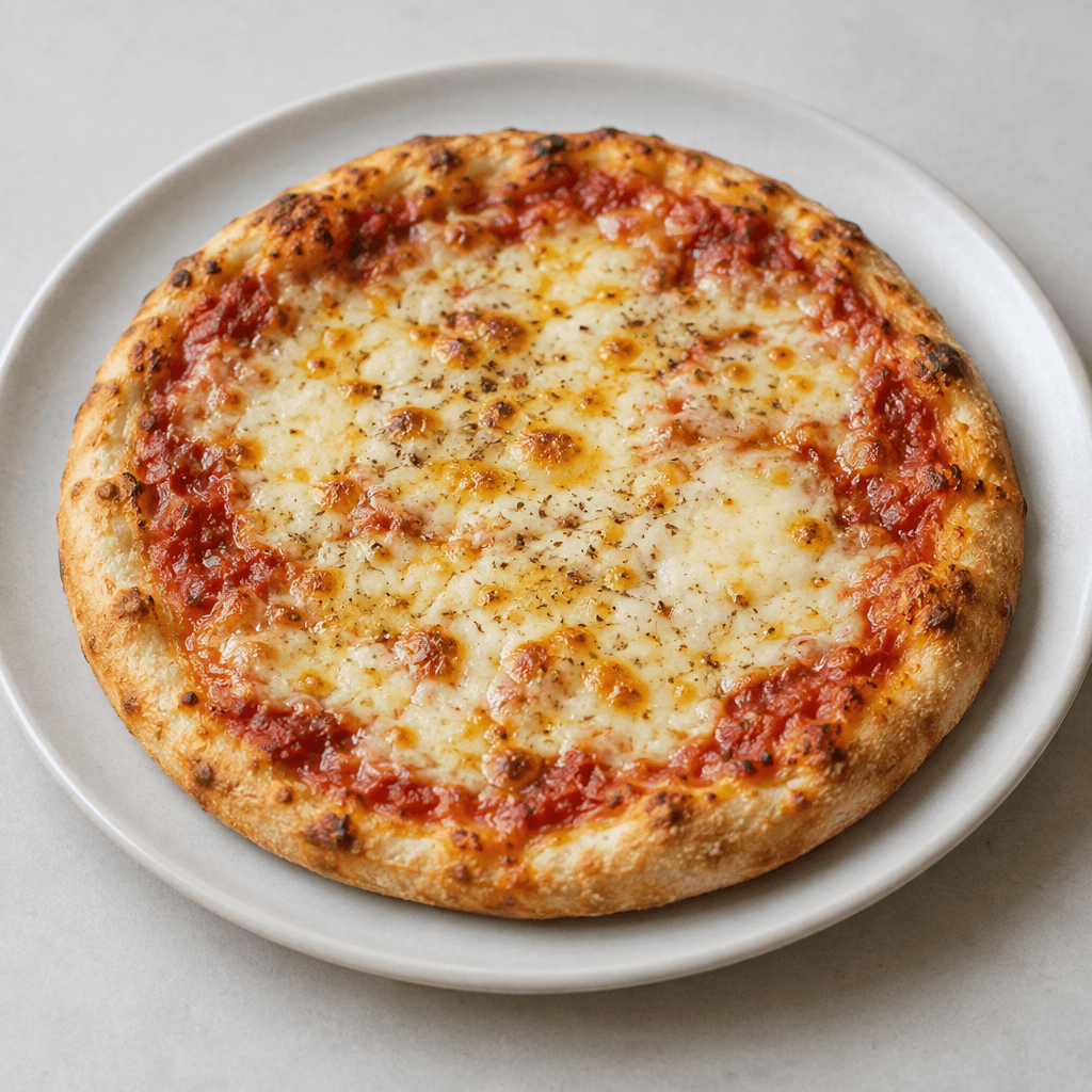 A small, round pizza with a lightly browned crust, red tomato sauce and melted pale-yellow cheese, served on a plate.