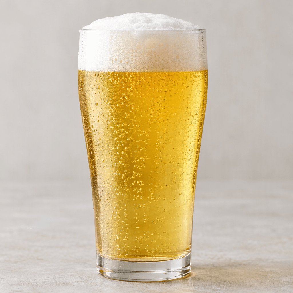 Pale golden, translucent beer fills a clear pint glass, topped with a thick white foamy head and fine bubbles rising through the liquid, with light condensation on the glass.