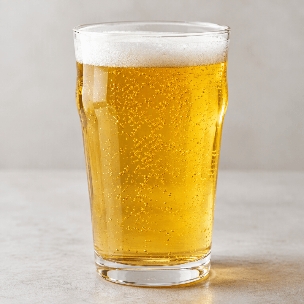 A clear glass filled with pale golden, translucent beer, topped with a thin layer of white foam and fine bubbles rising through the liquid.