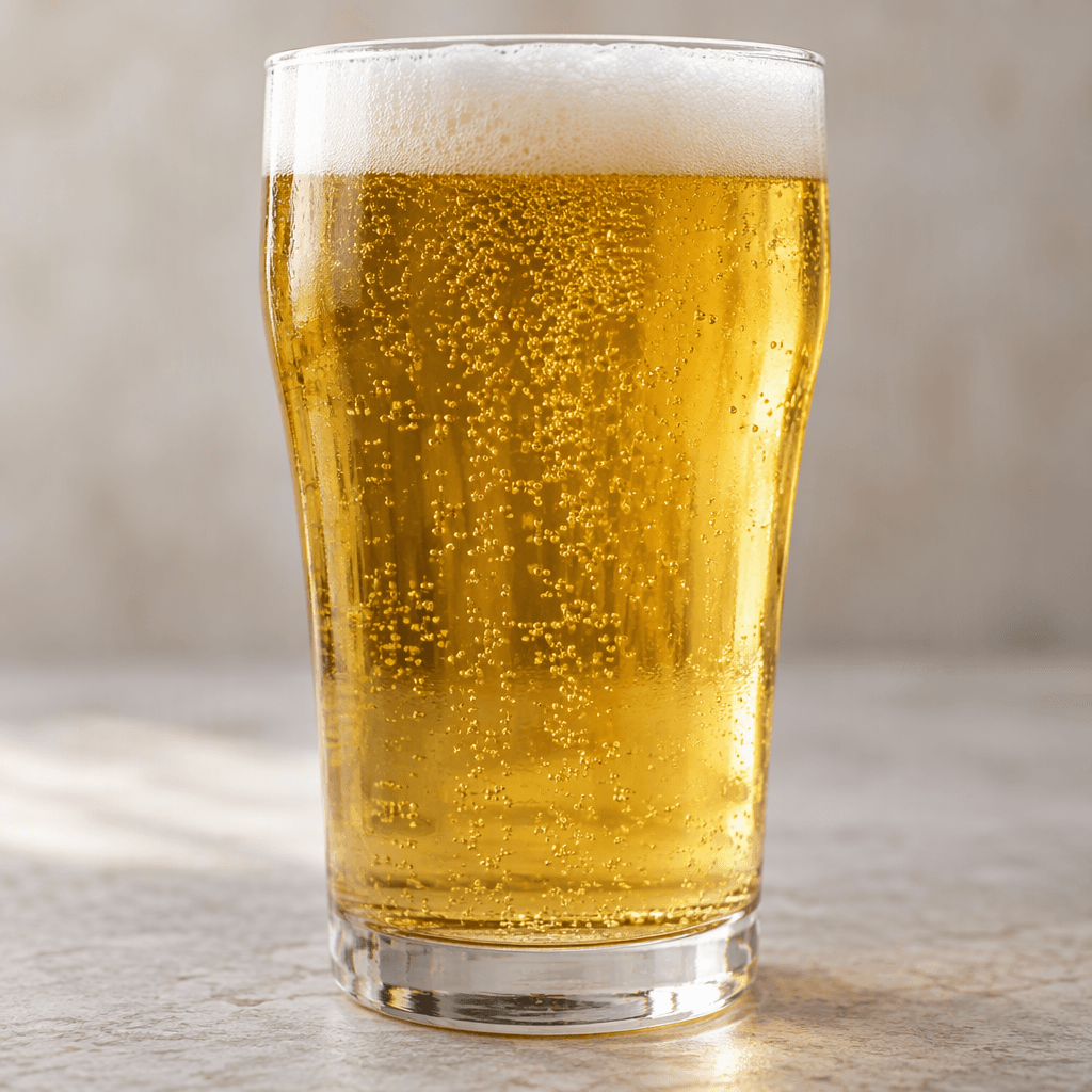A clear glass filled with pale golden lager, with fine bubbles rising through the liquid and a thin, creamy white foam head.