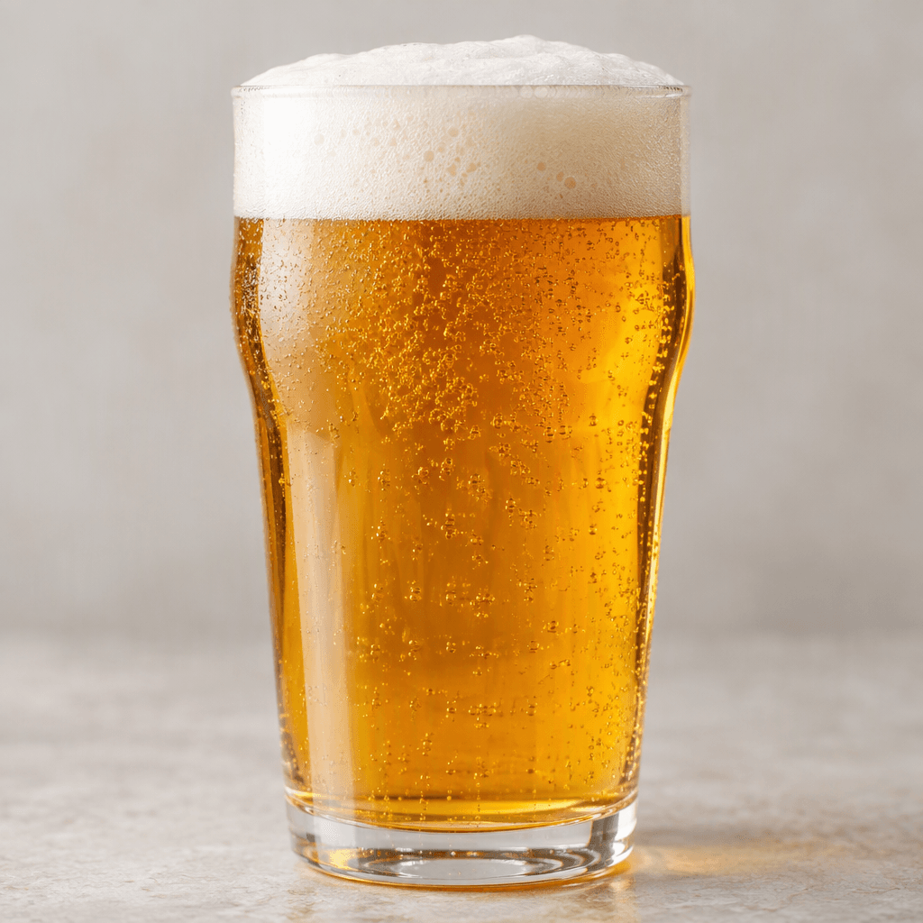 A clear glass filled with amber-gold malt beer, topped with a thick, creamy white foam head and fine bubbles rising through the drink.