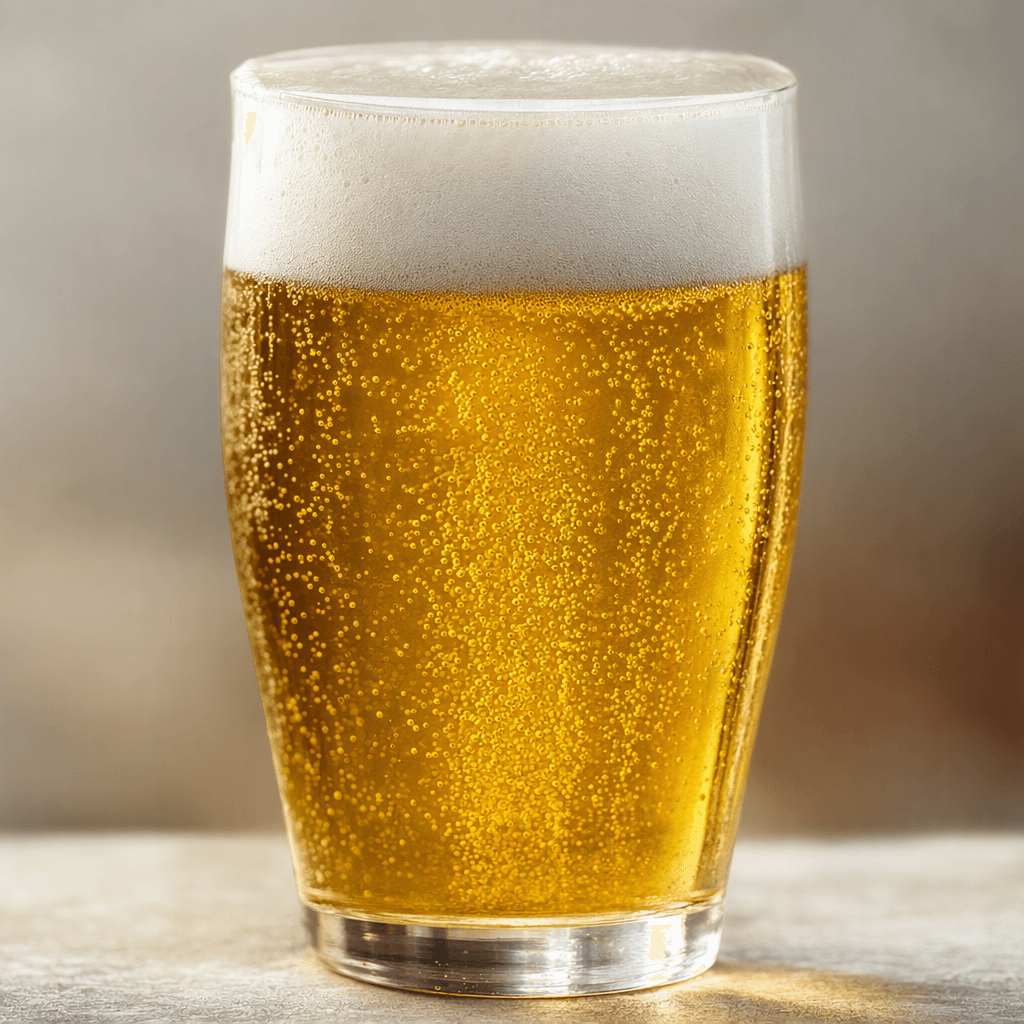 A clear golden beer sits in a glass, with fine bubbles rising through it and a cap of white foam.