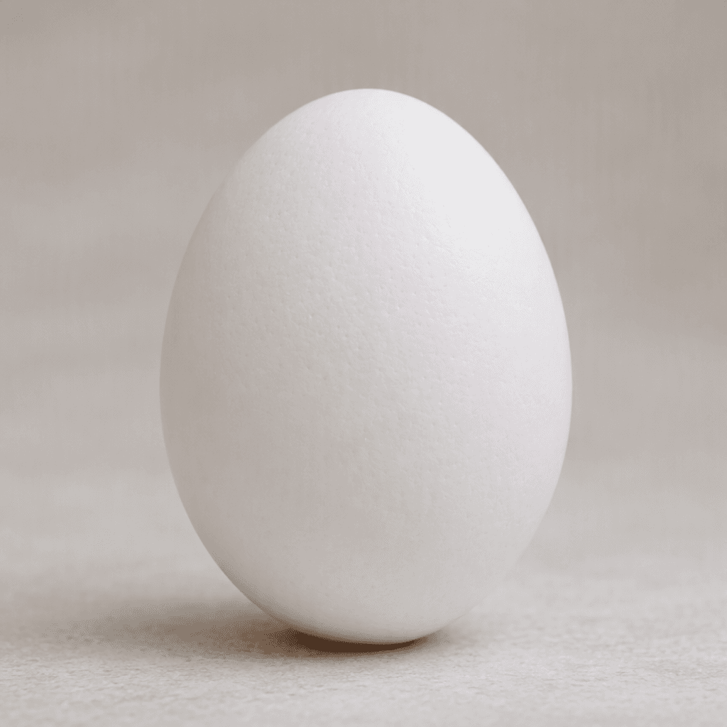 A smooth, oval egg with a clean white shell, resting whole on a plain surface.