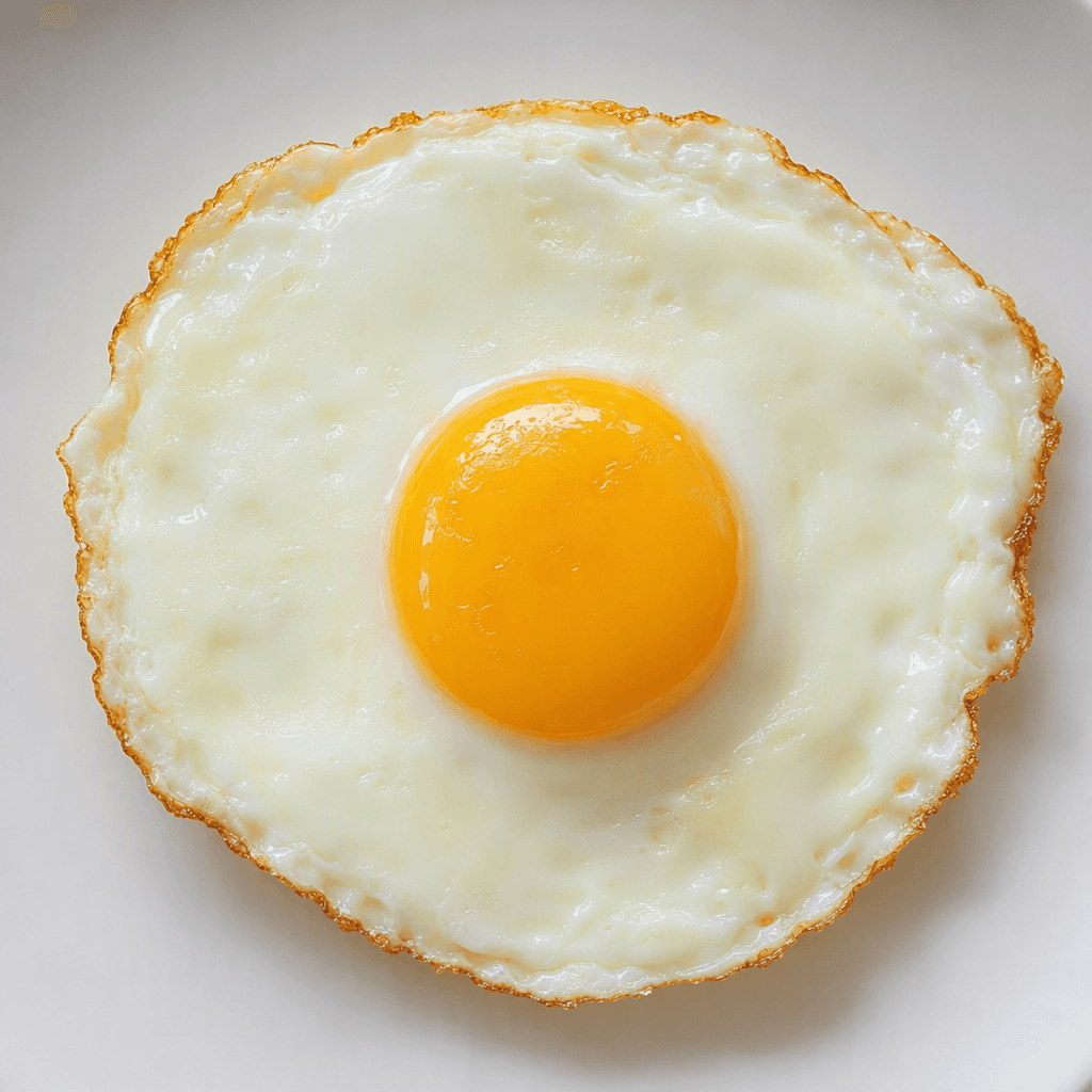 A single egg with an opaque white that is softly set around a rounded, bright yellow yolk, showing only slight golden browning along the edges, served on a plain plate.