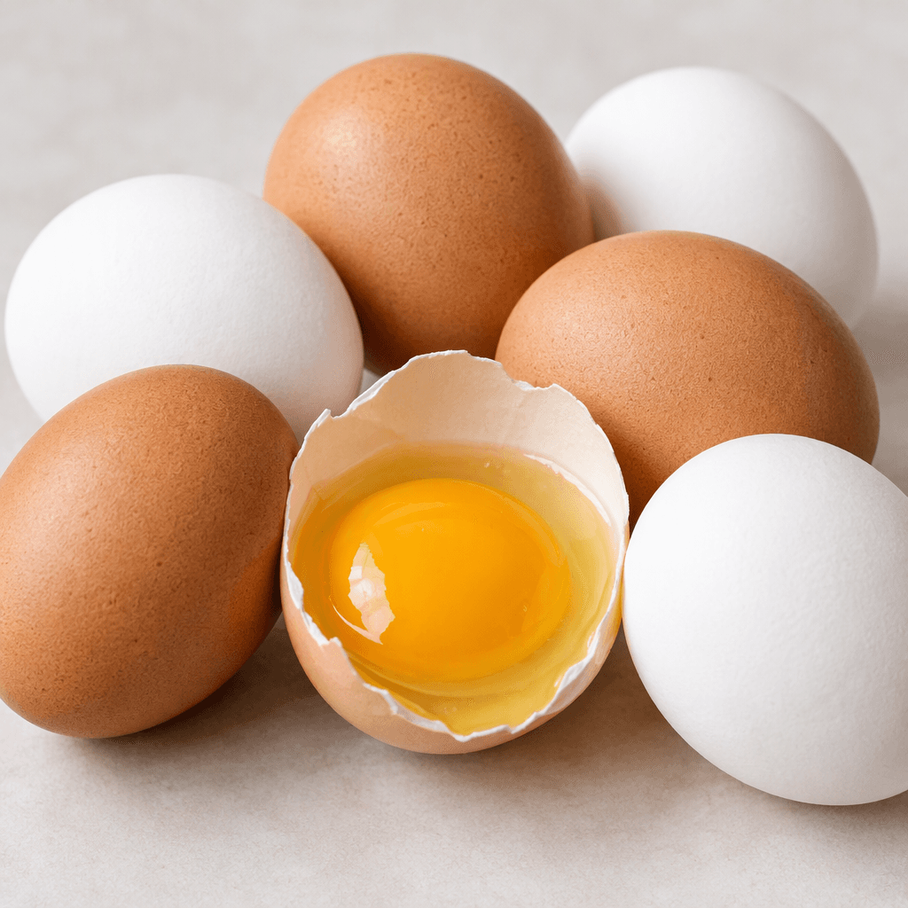 Several smooth oval eggs with clean white and light brown shells are arranged together, with one egg cracked open to reveal a bright golden-yellow yolk surrounded by translucent egg white.