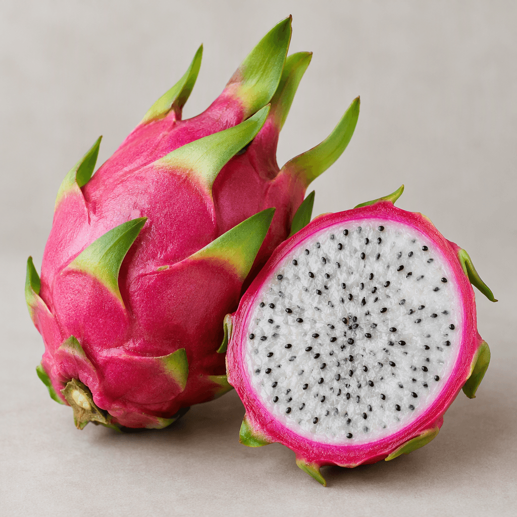 A bright pink, oval fruit with thick green-tipped leafy scales on its skin, shown beside a cut half revealing white flesh scattered with tiny black seeds.
