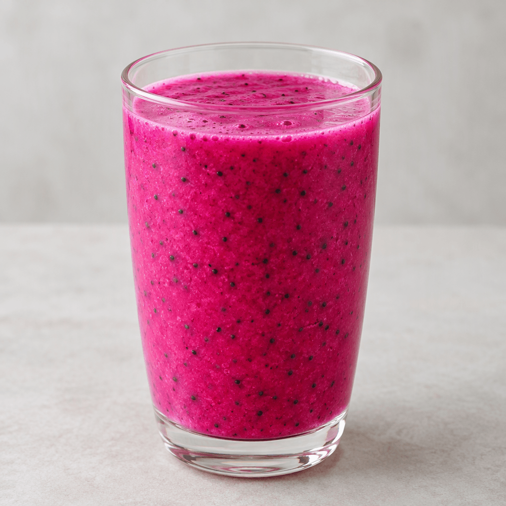 A vivid pink dragon fruit drink with tiny black seeds throughout, served in a clear glass.