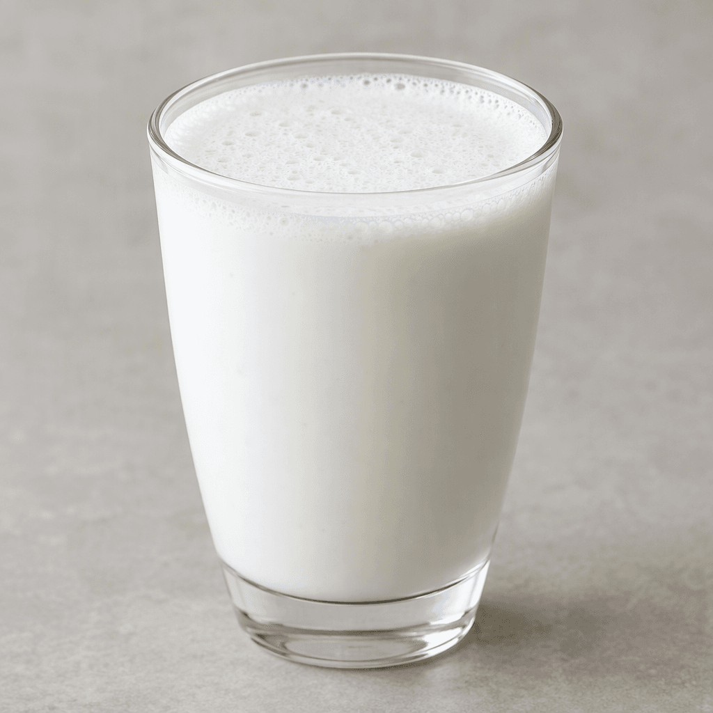 An opaque white, smooth yogurt-based drink with a thin layer of fine bubbles and soft foam on the surface, served in a clear glass.