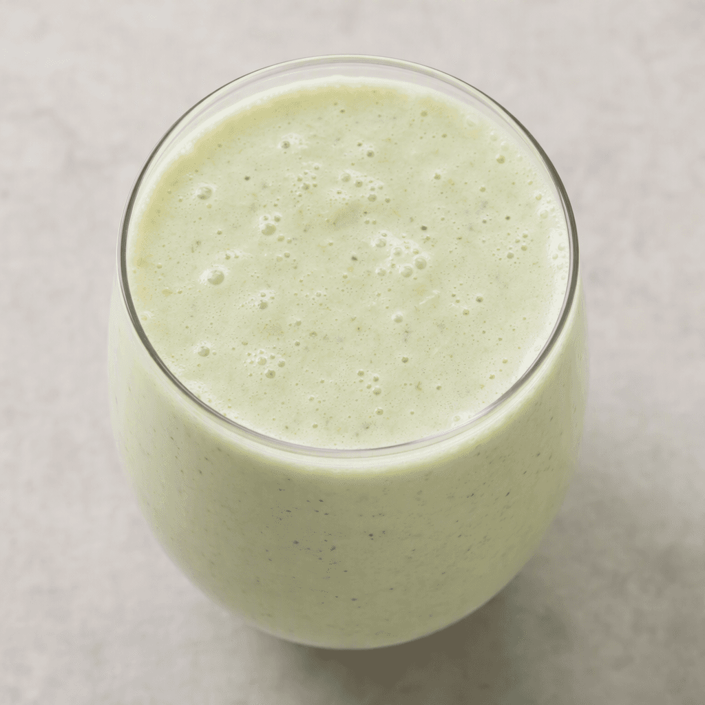 A smooth, pourable kefir drink with a pale, slightly green-tinted creamy colour and an even, lightly frothy surface.
