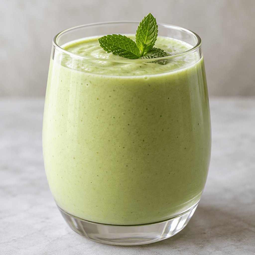 A smooth, opaque, pale green drink served in a clear glass.