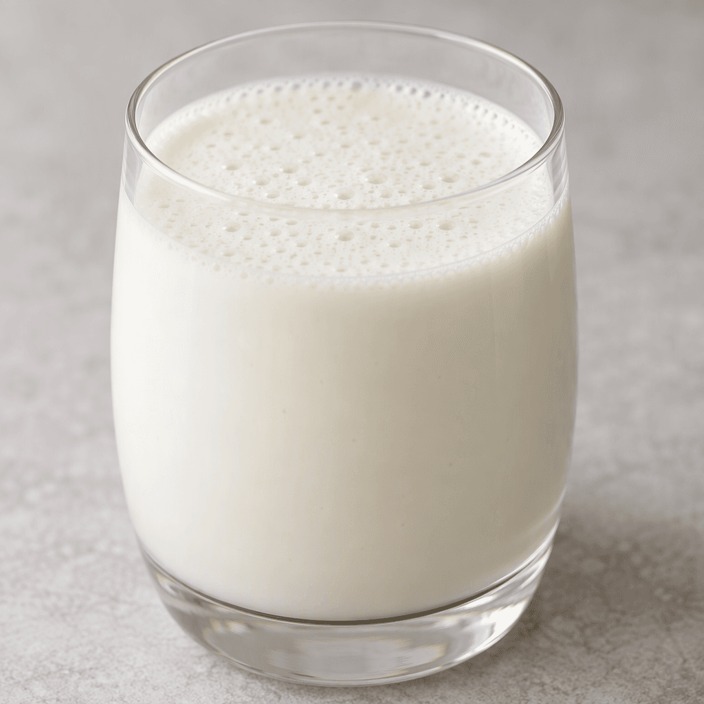 Şeffaf bir bardakta sunulan, pürüzsüz ve akışkan dokulu, yüzeyinde ince köpük kabarcıkları bulunan, opak krem beyazı bir kefir içeceği.
