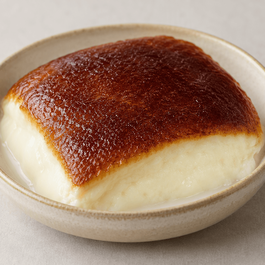 A smooth, pale cream-colored milk pudding sits in a shallow dish, with an uneven deep golden-brown caramelized layer across its surface.