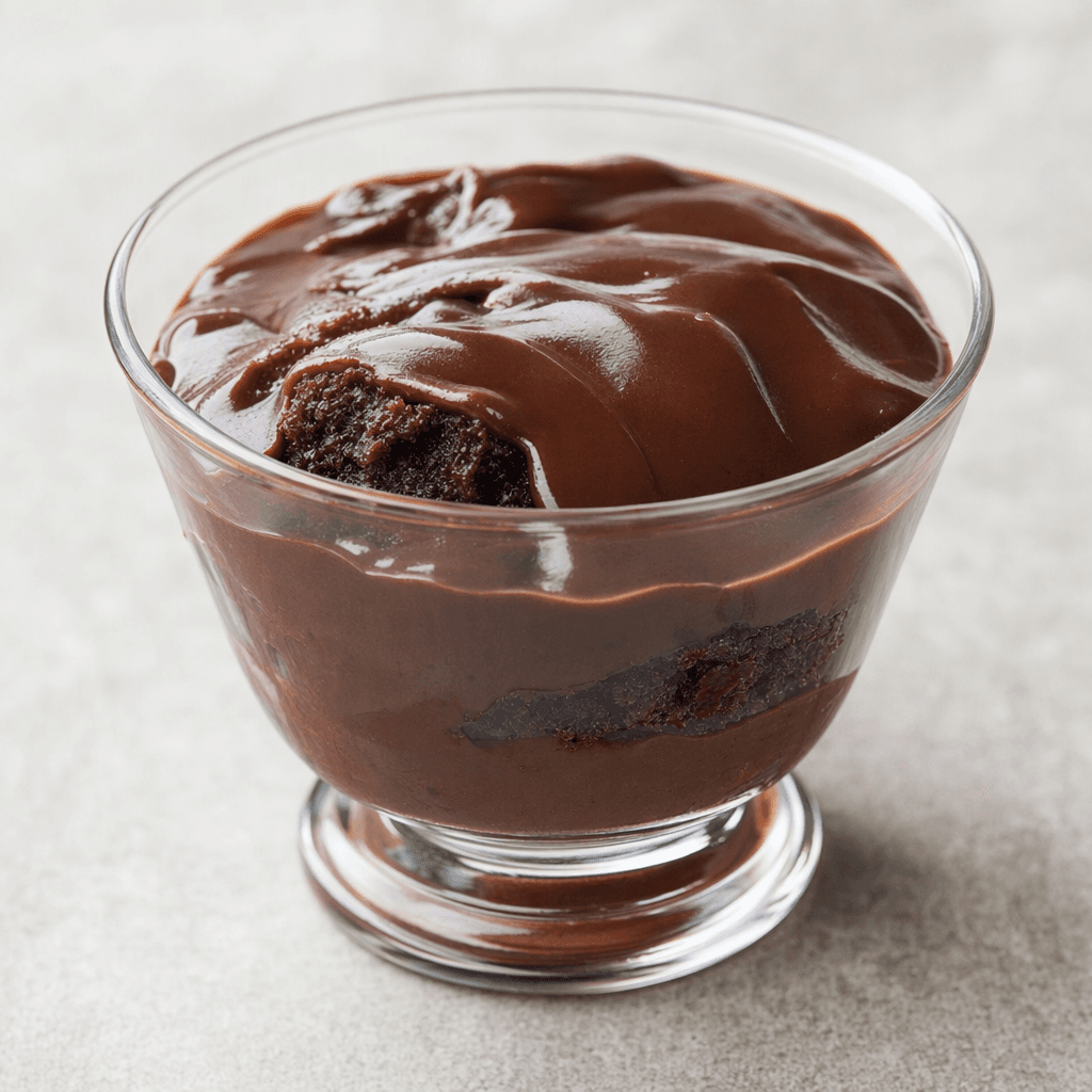 A small serving of thick, glossy dark-brown chocolate pudding, with soft cake pieces partly visible beneath its smooth surface, sits in a clear dessert cup.