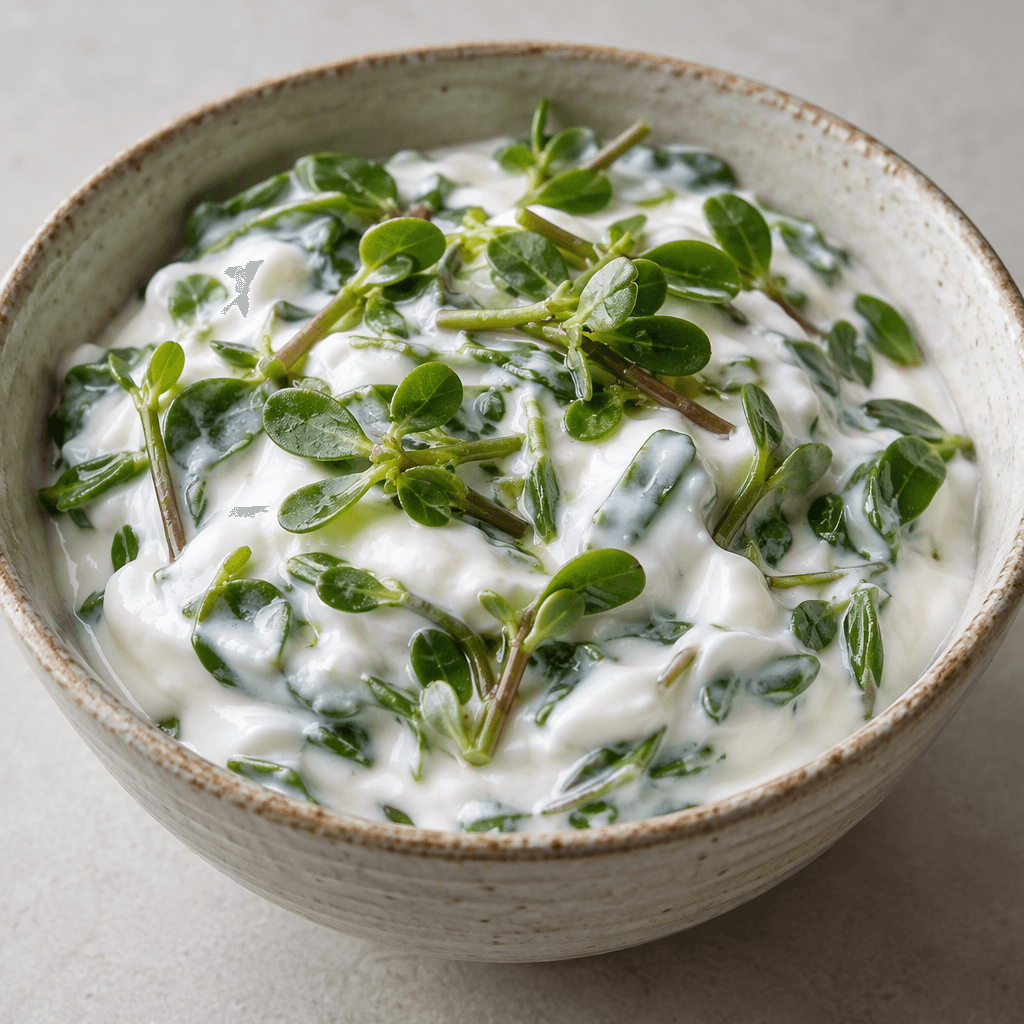 Thick, smooth white strained yogurt is topped with or mixed through small bright-green purslane leaves and slender stems, served in a bowl.