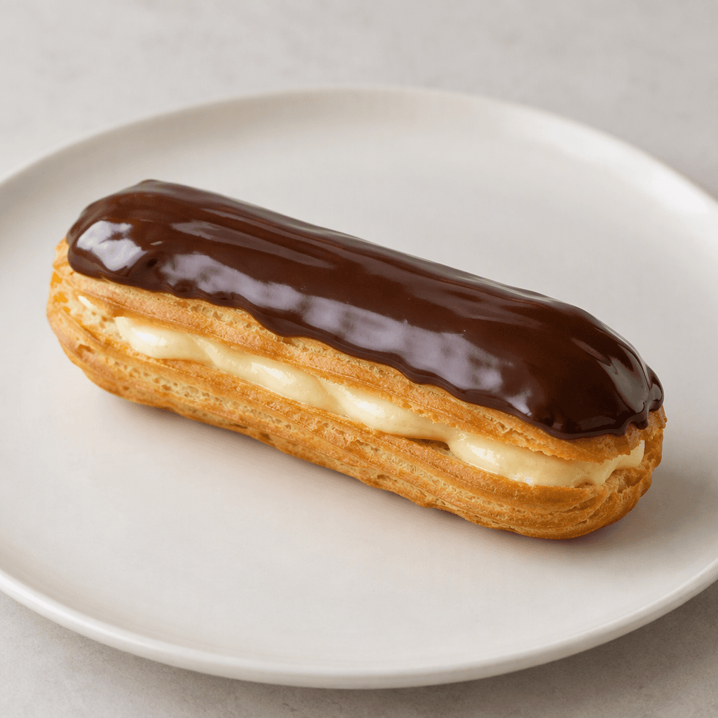 An elongated, finger-shaped choux pastry with a light golden-brown, slightly ridged exterior, filled with pale cream and topped with a smooth glossy dark-chocolate glaze, resting on a plain plate.