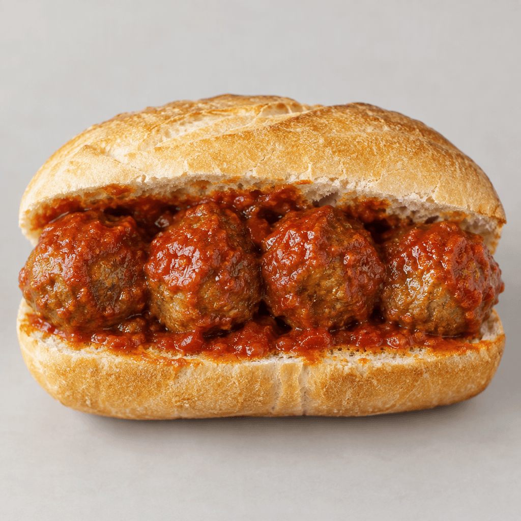 A split, lightly toasted bread roll holds several round, browned meatballs coated in glossy red tomato sauce, with a little sauce visible along the cut edges and no other garnish.
