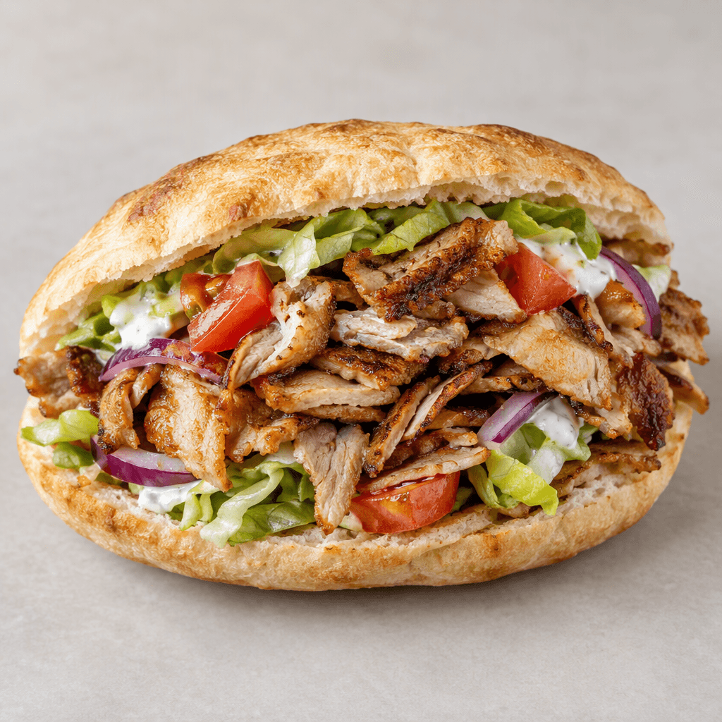 Thin, irregular strips of browned chicken döner fill a split, lightly toasted oval flatbread, with visible pale-green lettuce, red tomato pieces, purple onion and a little creamy sauce tucked around the meat.