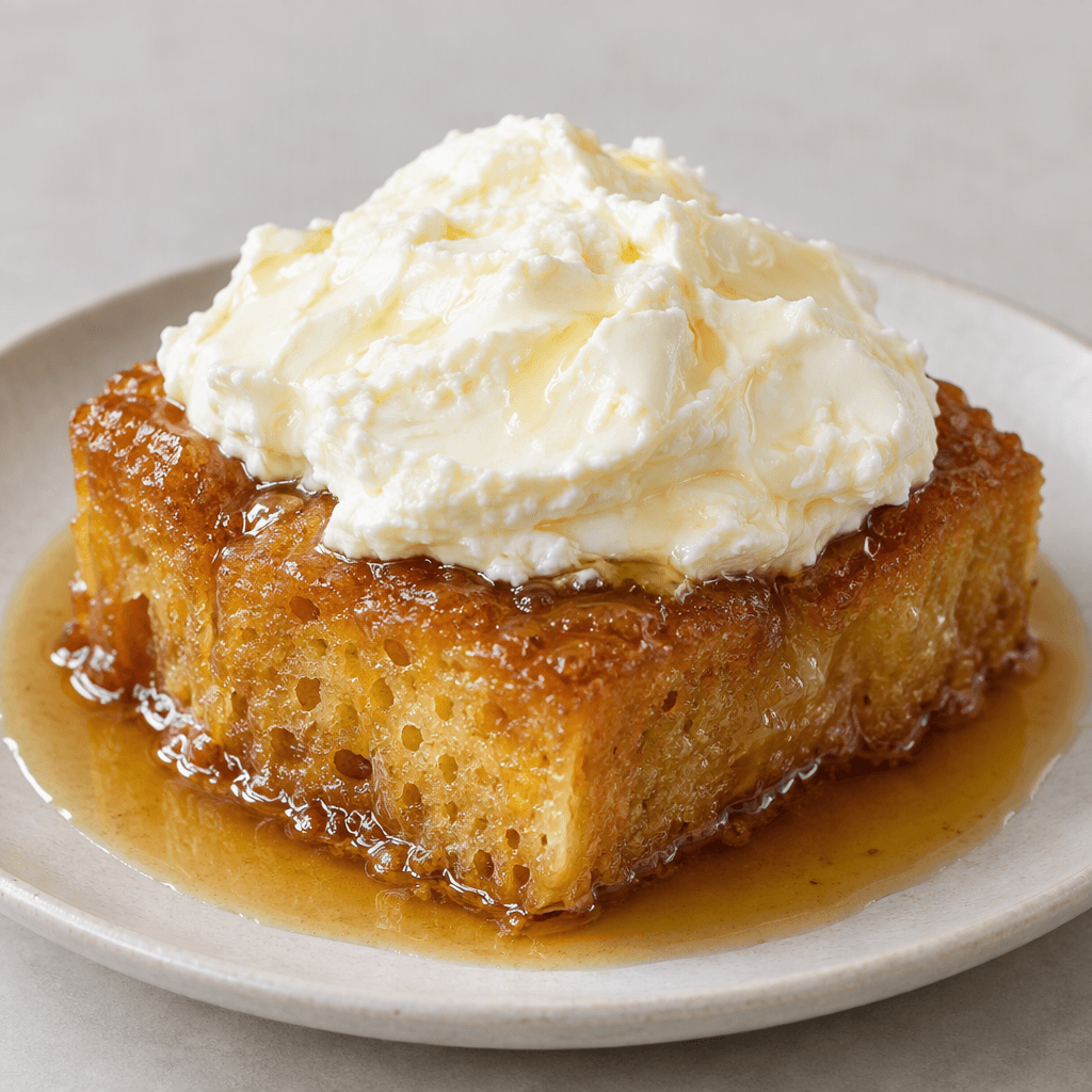 A thick, rectangular slice of golden-brown, porous bread soaked in glossy amber syrup, topped with a generous mound of thick white kaymak and served on a plate with syrup pooling around its edges.