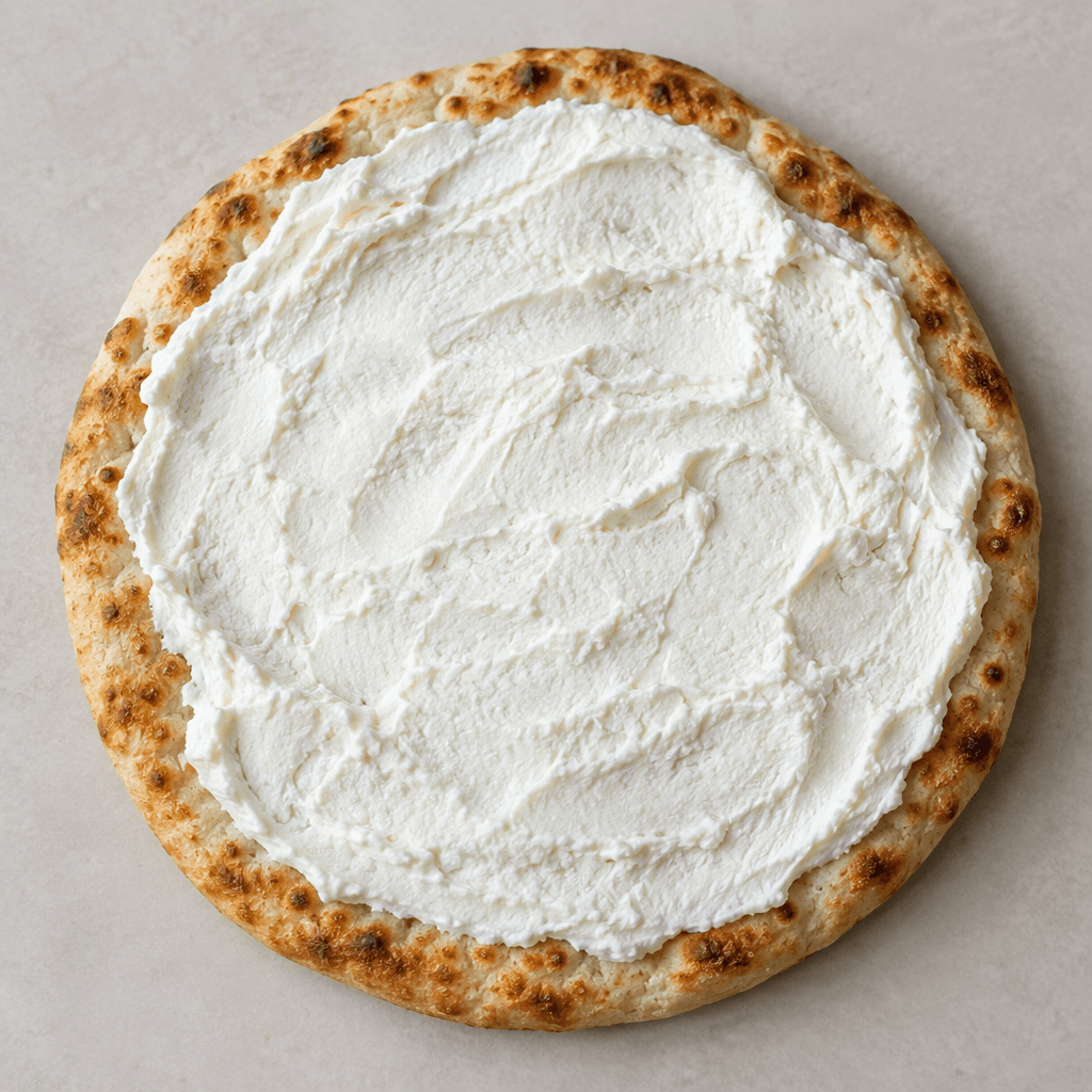 A round, lightly browned flatbread spread with a thick, smooth white strained-cheese layer, with the bread’s edges left visible.