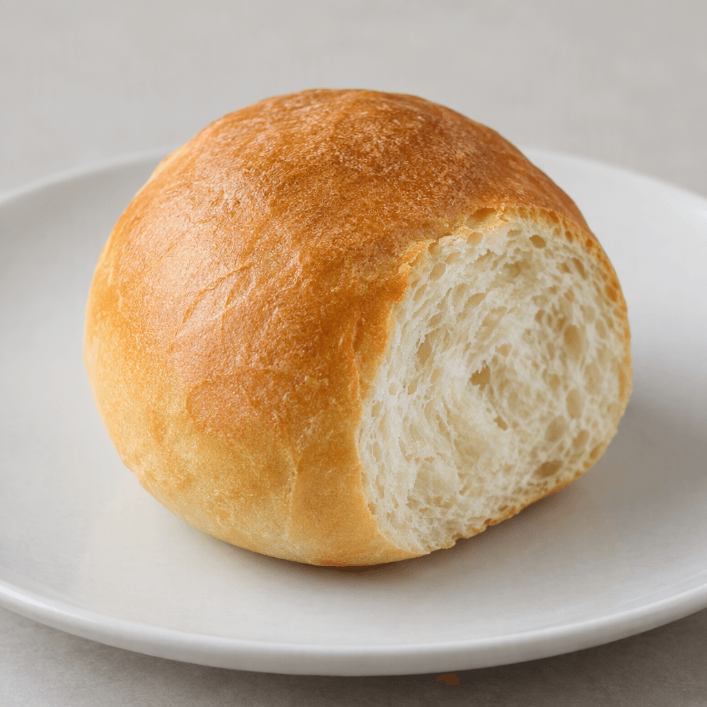 A small, round bread roll with a lightly golden-brown crust, a smooth domed top, and a soft white crumb visible where it is cut open, served on a plain plate.
