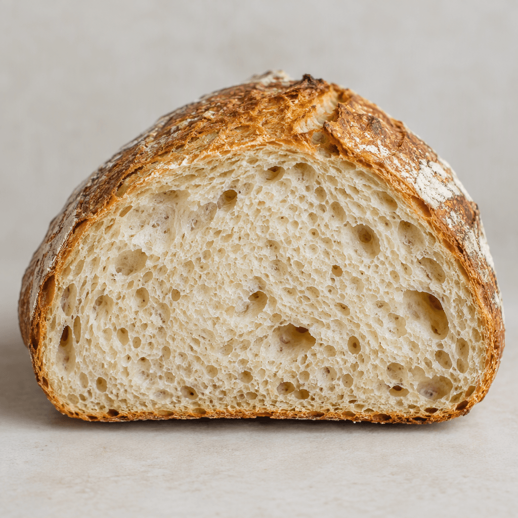 Half of a loaf of bread with a golden-brown crust and a pale, airy crumb exposed along the cut face.
