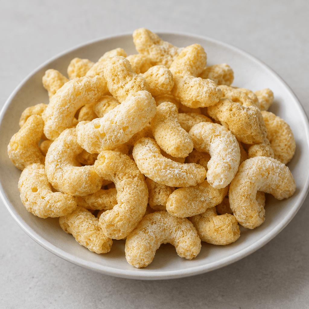 Pale golden, irregularly curved chickpea puffs with a light dusting of creamy white seasoning are piled loosely on a plate, their porous, airy surfaces visible.