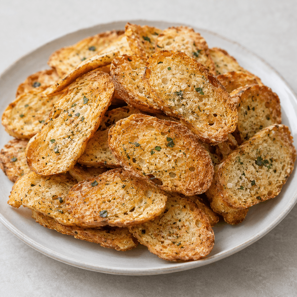 Tabakta üst üste duran ince, düzensiz oval bruschetta cipslerinin çıtır yüzeyleri altın sarısı-kahverengi, üzerleri açık renkli baharat ve küçük yeşil ot parçacıklarıyla kaplıdır.