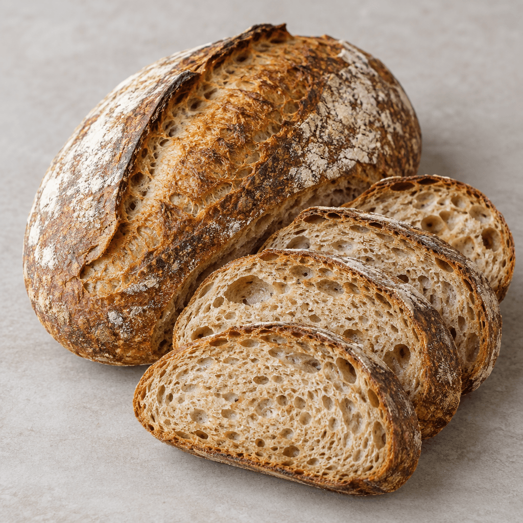 A rustic, oval wheat loaf with a deeply browned, flour-dusted crust scored across the top, shown whole beside several thick slices revealing a warm beige crumb with irregular airy holes.
