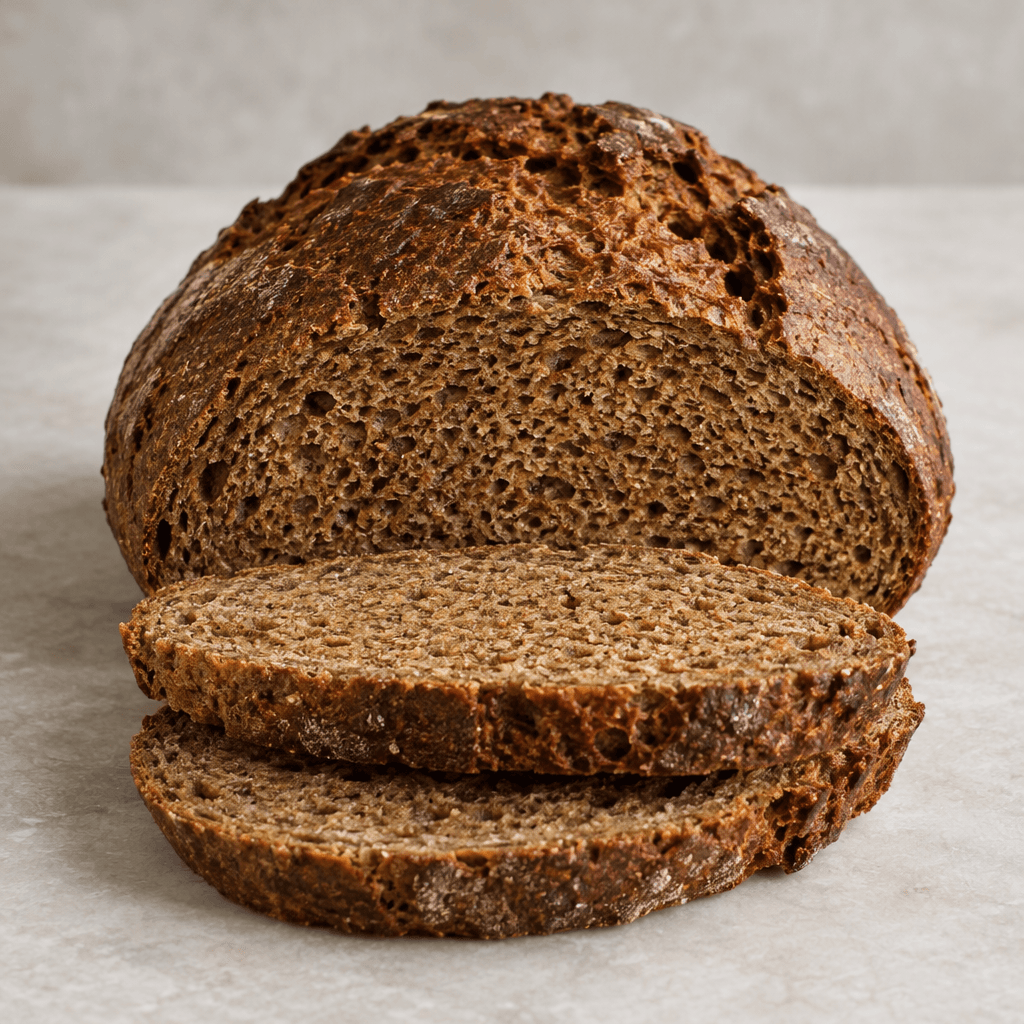 A rustic, squat loaf with a deep brown, cracked crust and thick slices showing a compact, moist dark-tan crumb dotted with small irregular air holes.