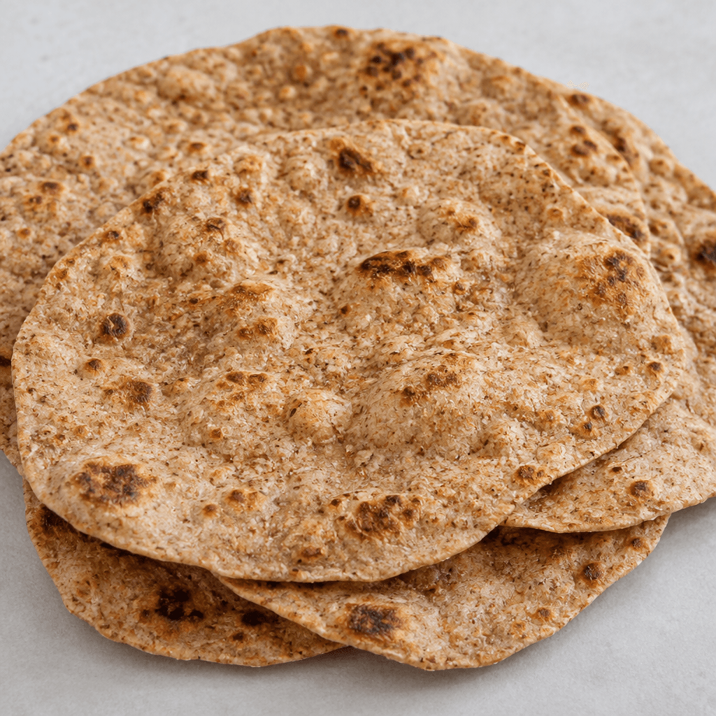 Thin, flexible whole-wheat flatbreads with irregular oval shapes, a warm tan-brown surface flecked with bran, scattered darker toasted spots, and small airy bubbles, arranged overlapping on a plain surface.