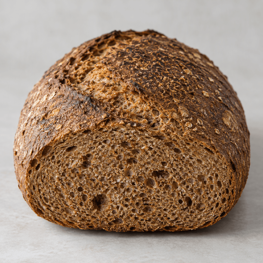 A roughly oval loaf of dark brown whole-wheat bread with a firm, deeply browned crust and a dense, earthy-brown crumb flecked with bran and dotted with uneven air pockets.