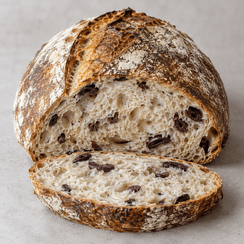 A rustic oval sourdough loaf with a deeply browned, flour-dusted crust, scored top, and a sliced interior showing a chewy cream-coloured crumb with irregular air pockets and scattered dark purple-black olive pieces.