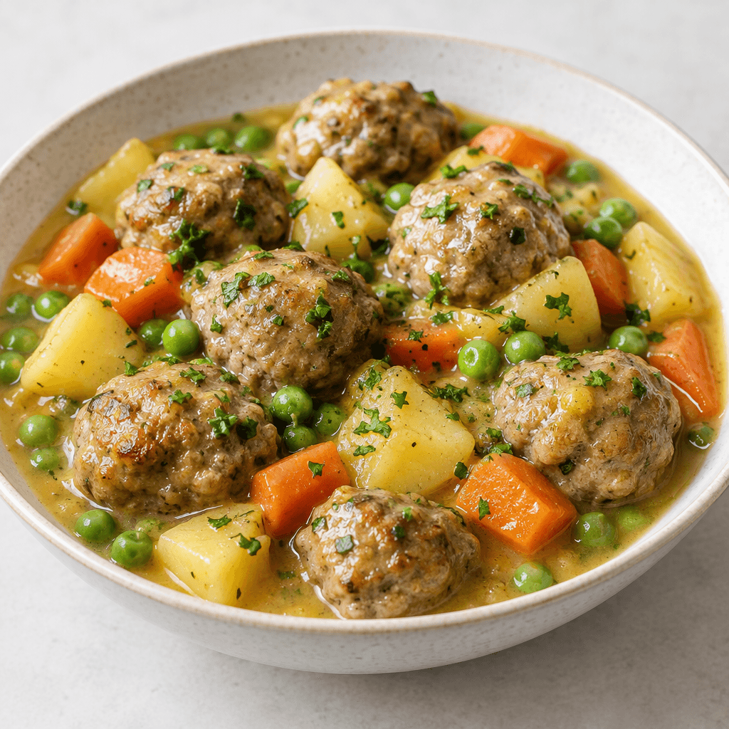 Small, smooth oval meatballs sit in a shallow bowl of glossy pale golden sauce, surrounded by visible chunks of potato and carrot and scattered green peas, with finely chopped herbs on top.
