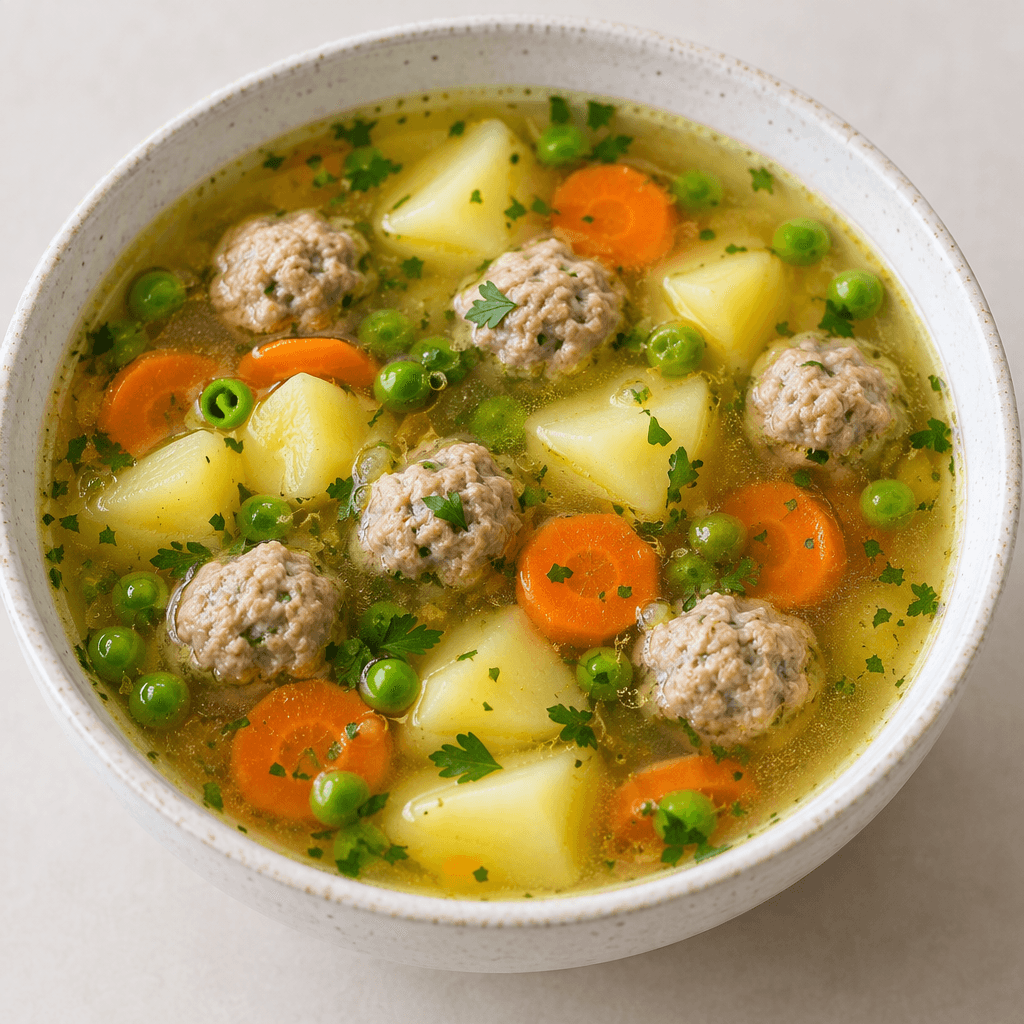 A bowl of clear, lightly golden broth containing small round meatballs, pale potato pieces, orange carrot slices and green peas, with a smooth, slightly glossy surface and scattered green herbs.