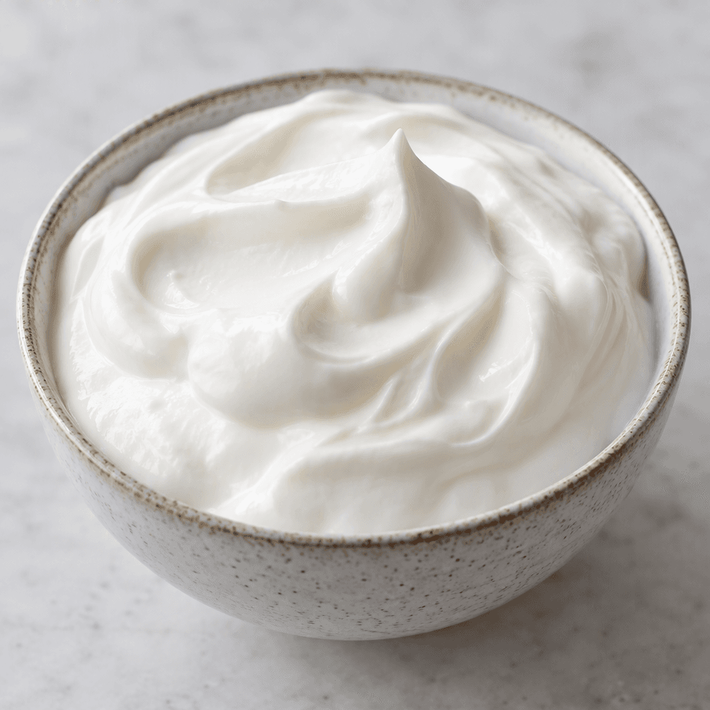A bowl of extra-creamy skyr with a bright white colour and a thick, smooth, velvety surface that holds soft peaks.