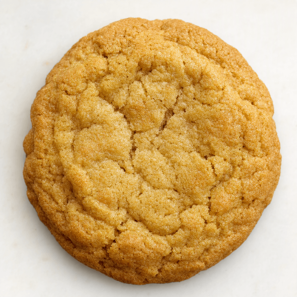 A golden-brown homemade cookie with a slightly uneven round shape, softly cracked surface, and lightly browned edges.