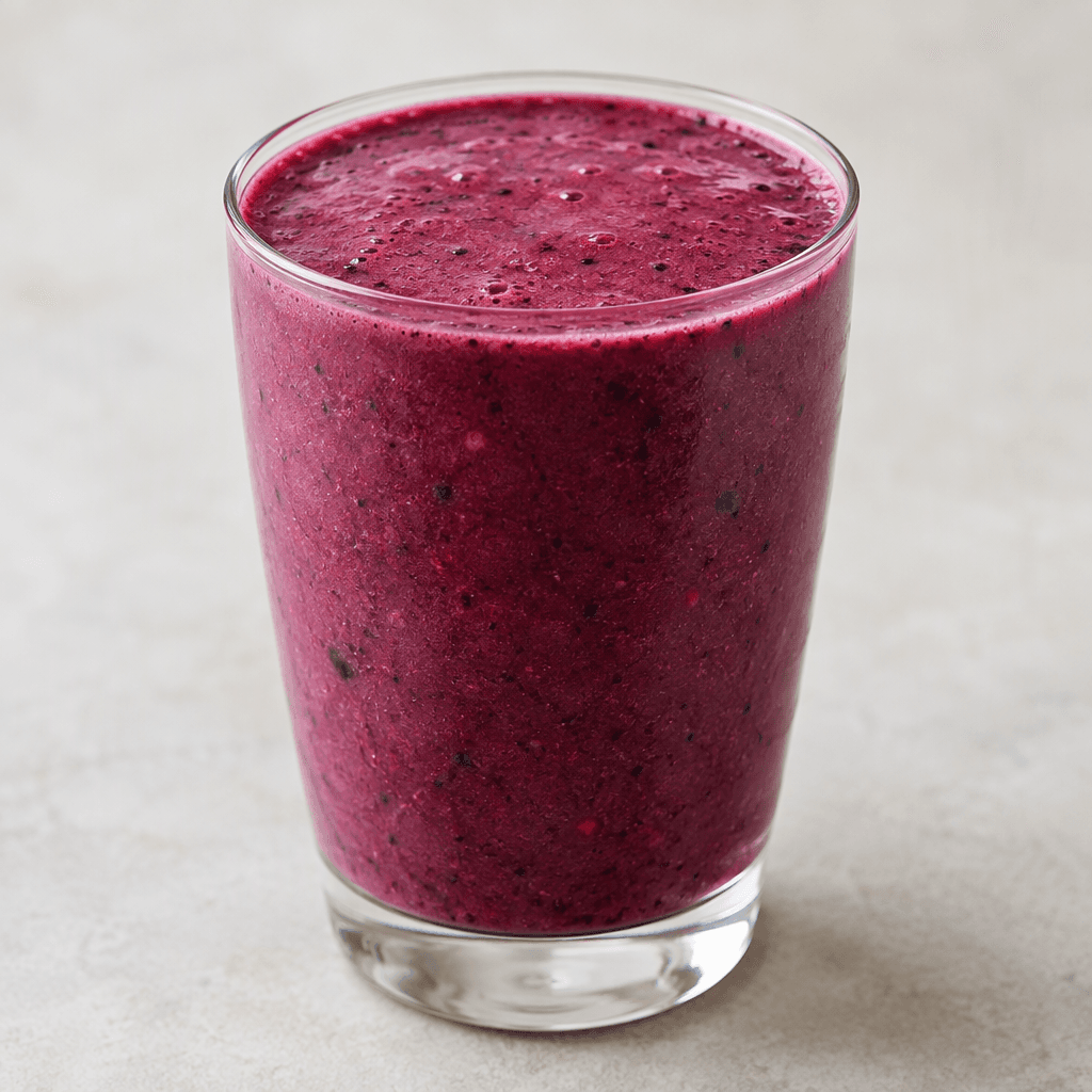 A thick, smooth deep magenta-purple berry drink served in a clear glass, with a lightly frothy surface and a few tiny berry flecks visible.