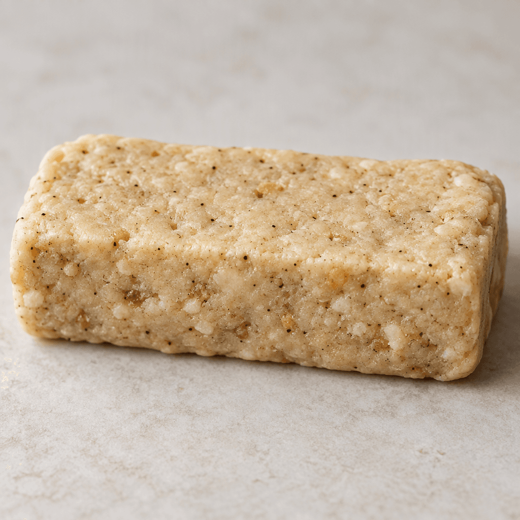 A compact, rectangular vanilla protein bar with a pale beige, slightly speckled surface and softly rounded, uneven edges.