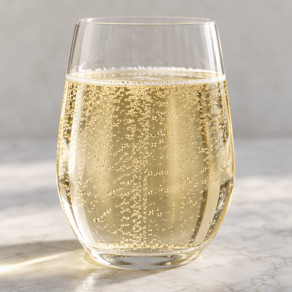 A clear, lightly straw-colored sparkling drink with fine rising bubbles, served in a transparent glass.