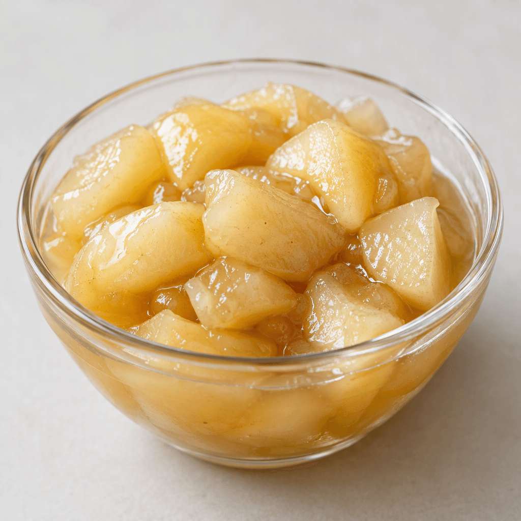 Soft, irregular chunks of peeled apple in a glossy pale amber syrup, with a few translucent pieces visible in a small glass bowl.