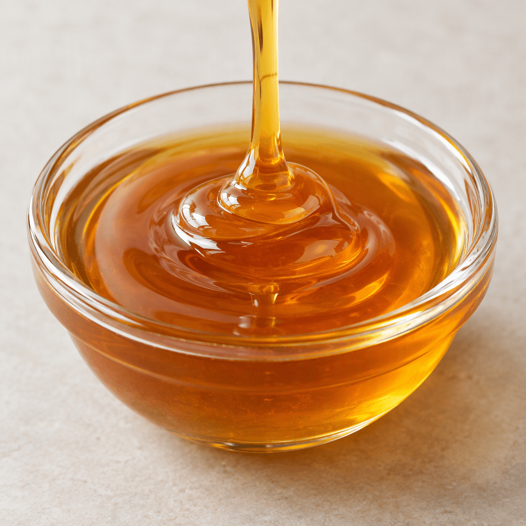 Thick, glossy apple concentrate appears as a deep amber-golden syrup with a smooth, pourable texture, shown in a small clear glass bowl.