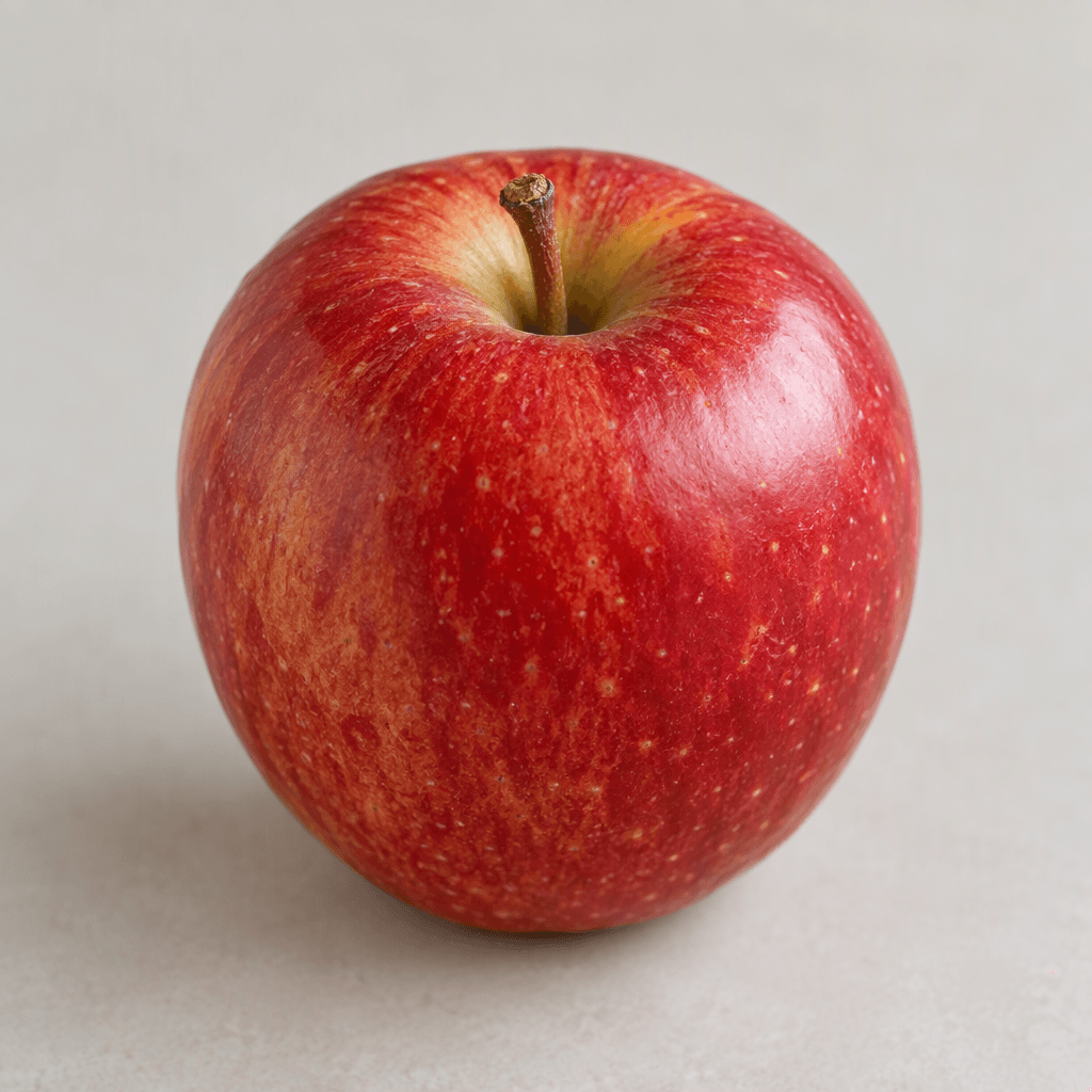 A small, round apple with smooth red skin, a shallow dimple around the short brown stem, and a compact, firm-looking shape.