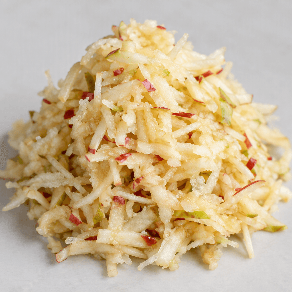 A loose mound of freshly grated apple made of fine, moist, irregular pale cream strands with occasional thin red-and-green peel flecks.