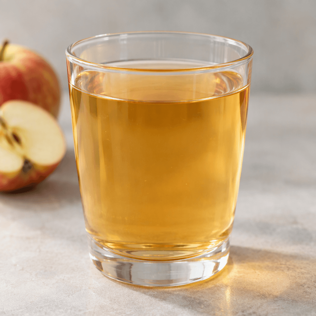 A clear, pale golden-amber drink sits in a transparent drinking glass, with no visible garnish.